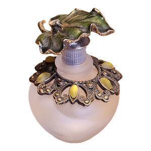 Vintage Perfume Bottle Frosted Glass with Lilypad Stopper - Bronze w/ Green Gems